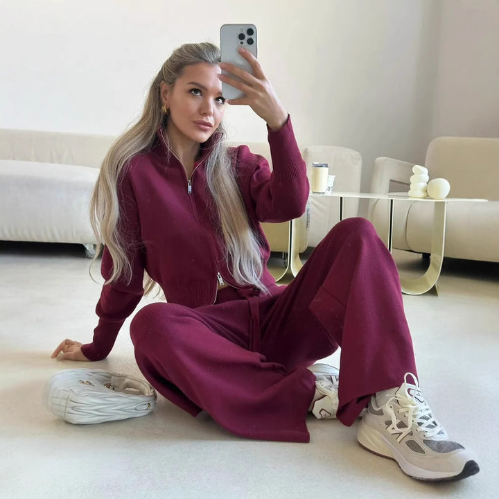 Damen gestricktes Lounge-Set mit kurzem Reißverschluss-Cardigan und weitem High-Waist-Jogginghose – Élanora