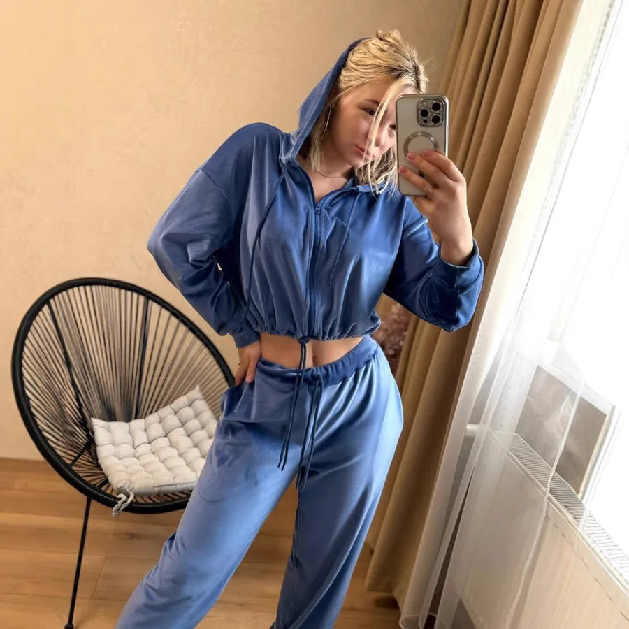 Damen Samtiges Cropped-Zip-Hoodie-Set mit Tunnelzugbund und weitem Lounge-Sweathose – Auréline