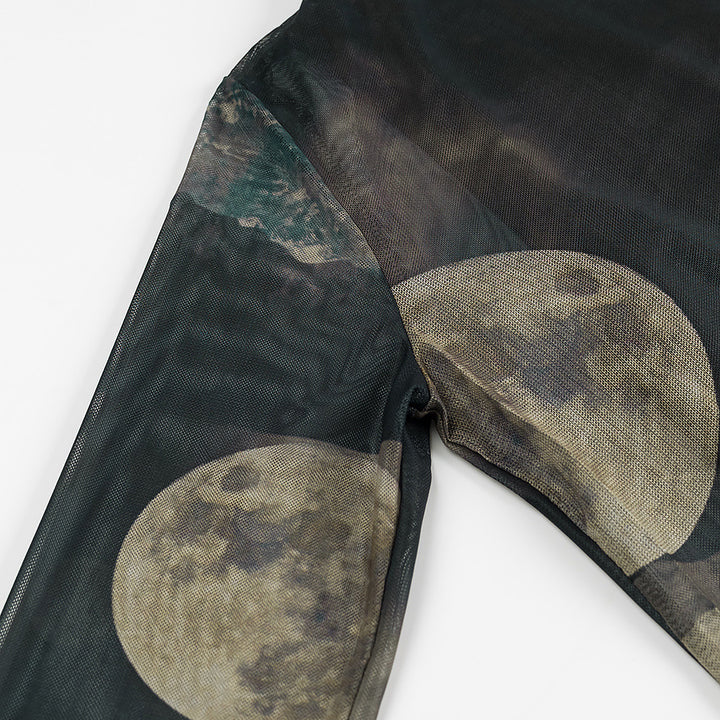 Damen langes Mesh-Maxikleid mit langen Ärmeln, hohem Rundhalsausschnitt und mystischem Mondprint – Valéora