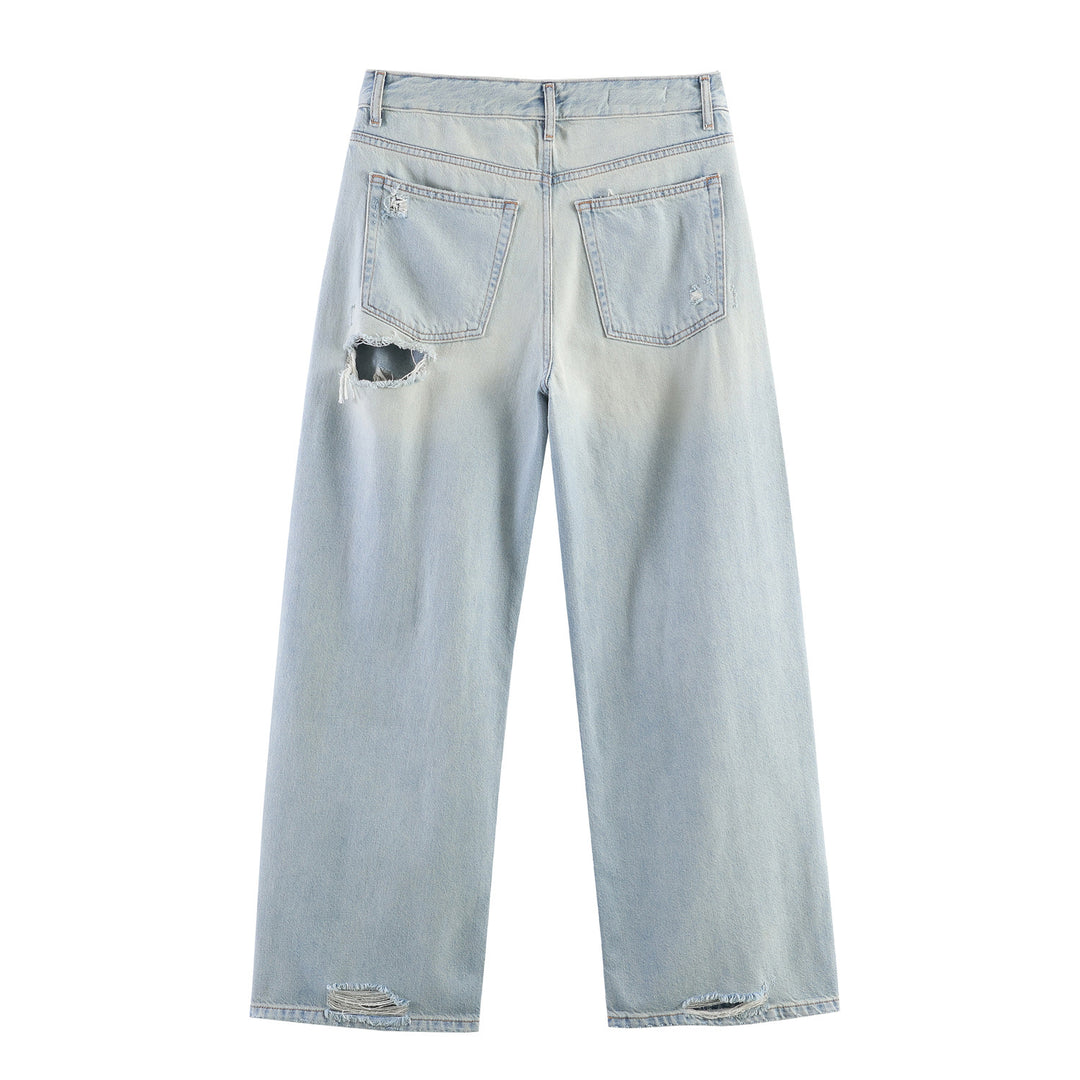 Damen weite Destroyed-Jeans mit hoher Bundführung, ausgefransten Cut‑outs und weitem Bein – Dénora