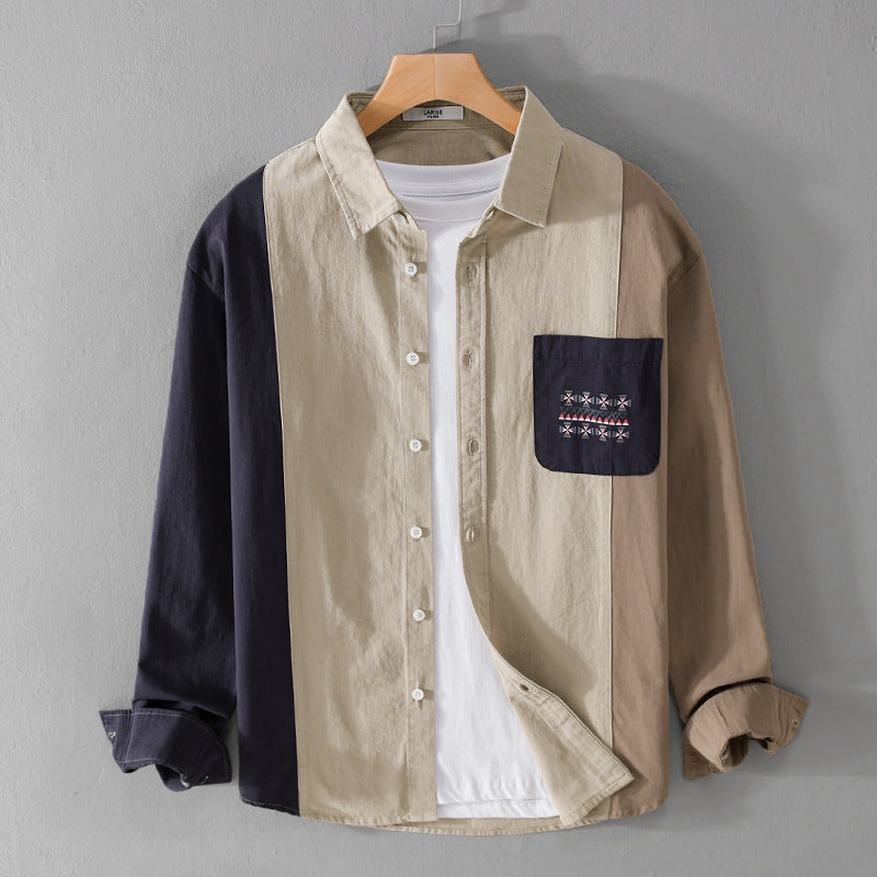 Herren Colorblock-Hemdjacke im Relaxed-Fit mit Brusttasche und Ethno-Stickerei Echoarchiv