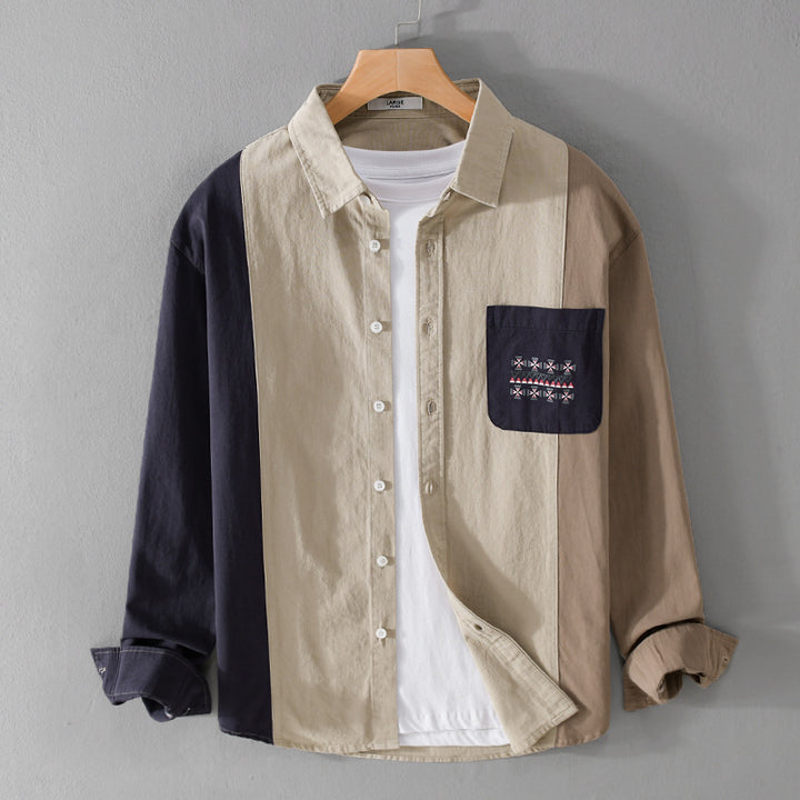 Herren Colorblock-Hemdjacke im Relaxed-Fit mit Brusttasche und Ethno-Stickerei Echoarchiv
