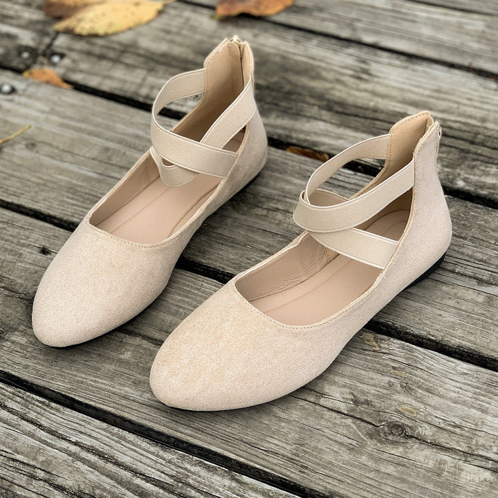 Damen Flache Ballerina-Slipper aus Wildlederimitat mit elastischen Kreuzriemen – Lioré