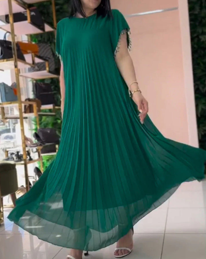 Damen nan elegantes Chiffon-Faltenmaxikleid mit weitem Schwingrock und Quastenärmeln Echo Archiv