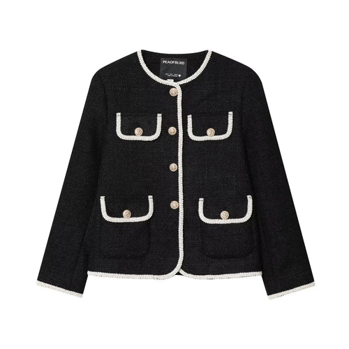 Damen klassische Bouclé-Jacke mit kontrastierender Paspelierung und Zierknöpfen – Célinea