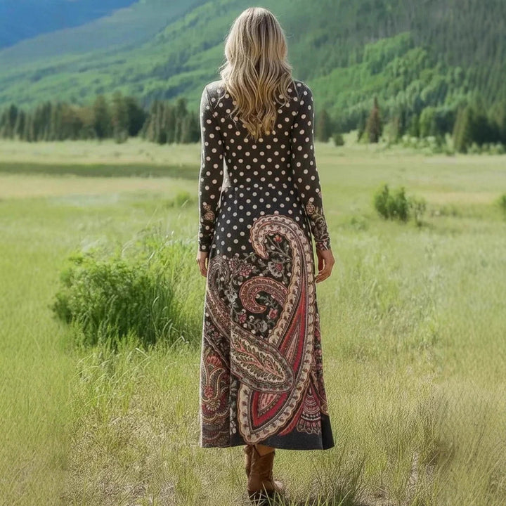 Damen Maxikleid mit Paisley‑ und Polka‑Dot‑Print, langärmeliges A‑Linien‑Jerseykleid – Valéora