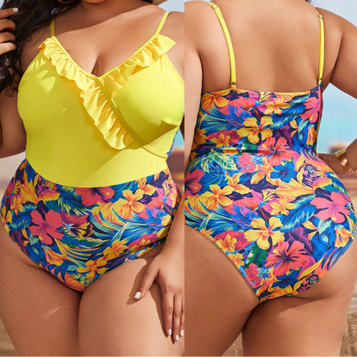 Damen Einteiliger Badeanzug mit floralem Wickeldetail und Rüschen Echo Archiv
