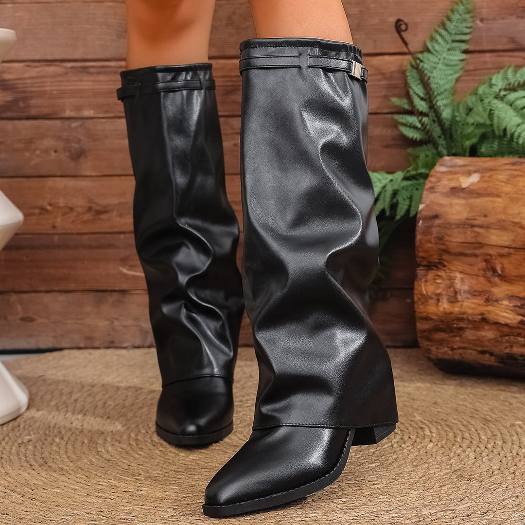 Damen nan kniehohe Slouch-Stiefel mit spitzer Zehenpartie niedrigem Blockabsatz und dekorativem Schaftgurt Echo Archiv