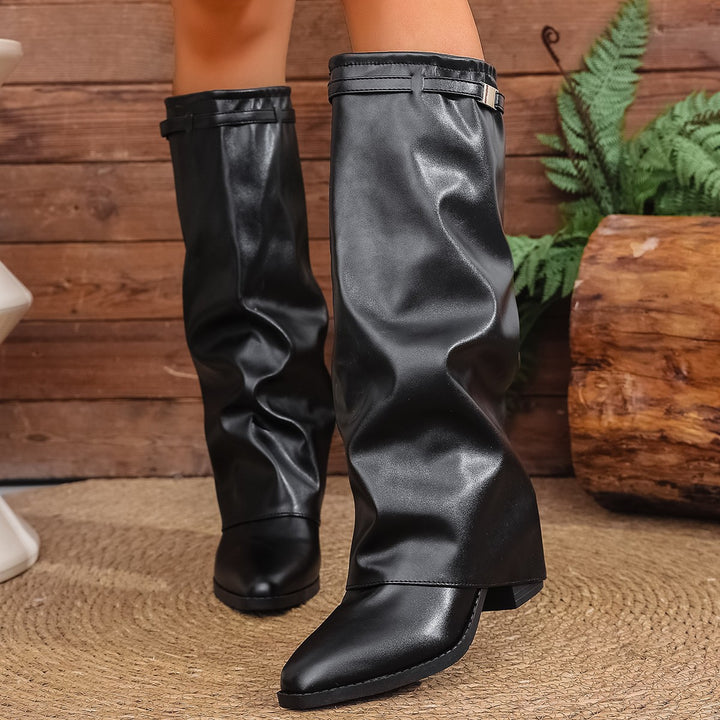 Damen nan kniehohe Slouch-Stiefel mit spitzer Zehenpartie niedrigem Blockabsatz und dekorativem Schaftgurt Echo Archiv