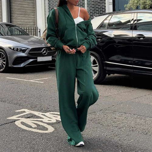 Damen gekürztes Kapuzen-Sweatshirt mit Oversize-Ärmeln und high-waist Wide-Leg Freizeithose – Auréline