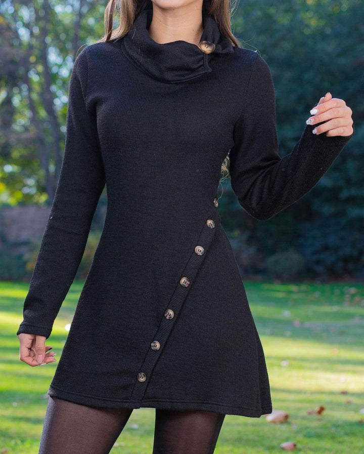 Damen nan figurbetontes A-Linien Strickkleid mit asymmetrischer Zierknopfleiste und hohem Kragen Echo Archiv