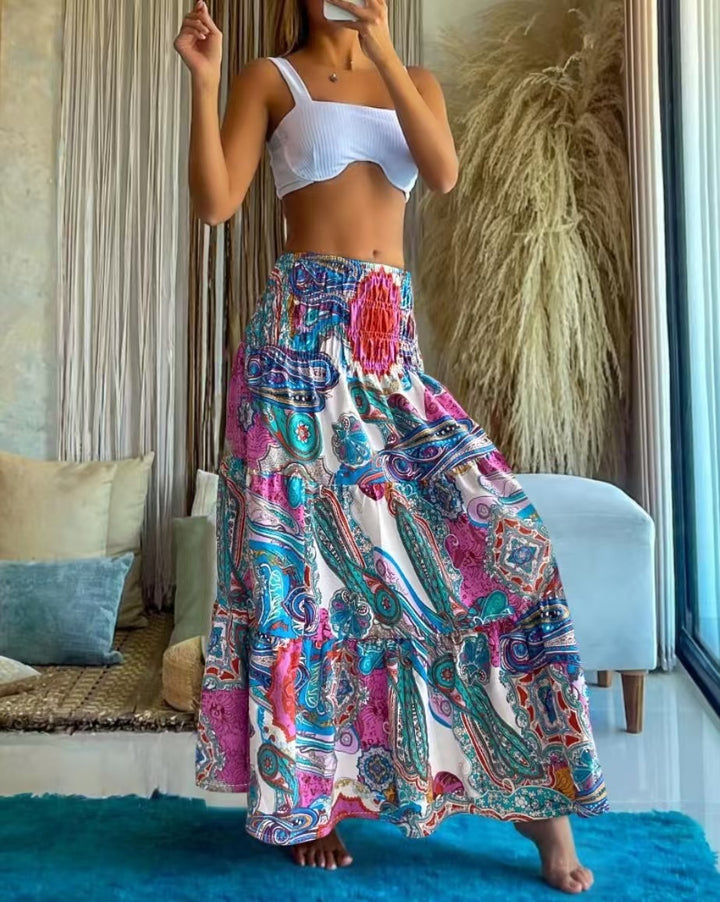 Damen Maxirock mit elastischem Smockbund und fließendem Paisley‑Print – Rosévia