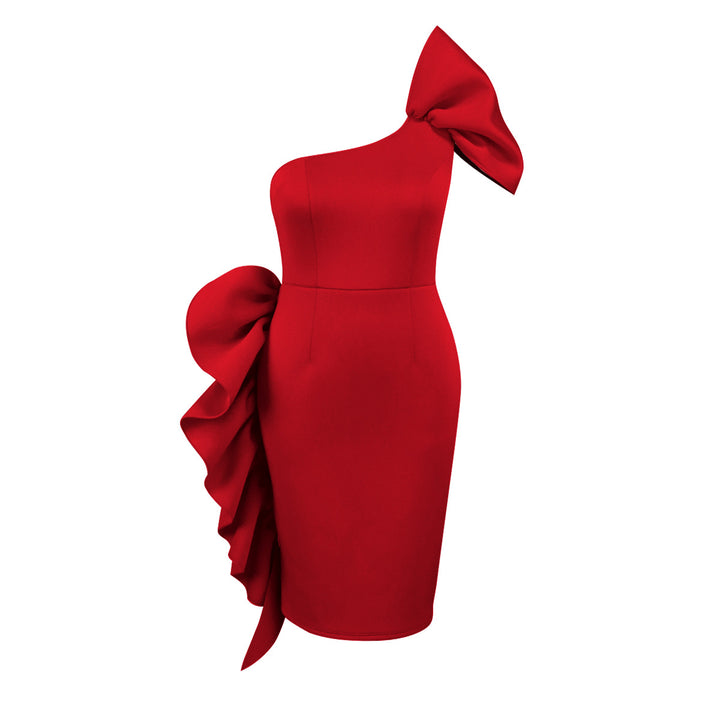 Damen figurbetontes Abendkleid mit asymmetrischem Design und voluminösem Schleifenakzent Echo Archiv