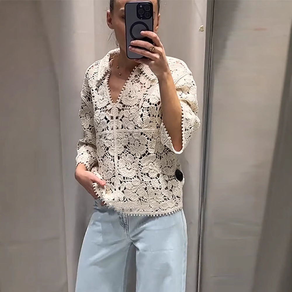 Damen Gehäkelte Bluse mit floralem Ajourmuster und dreiviertel Ärmeln Echoarchiv