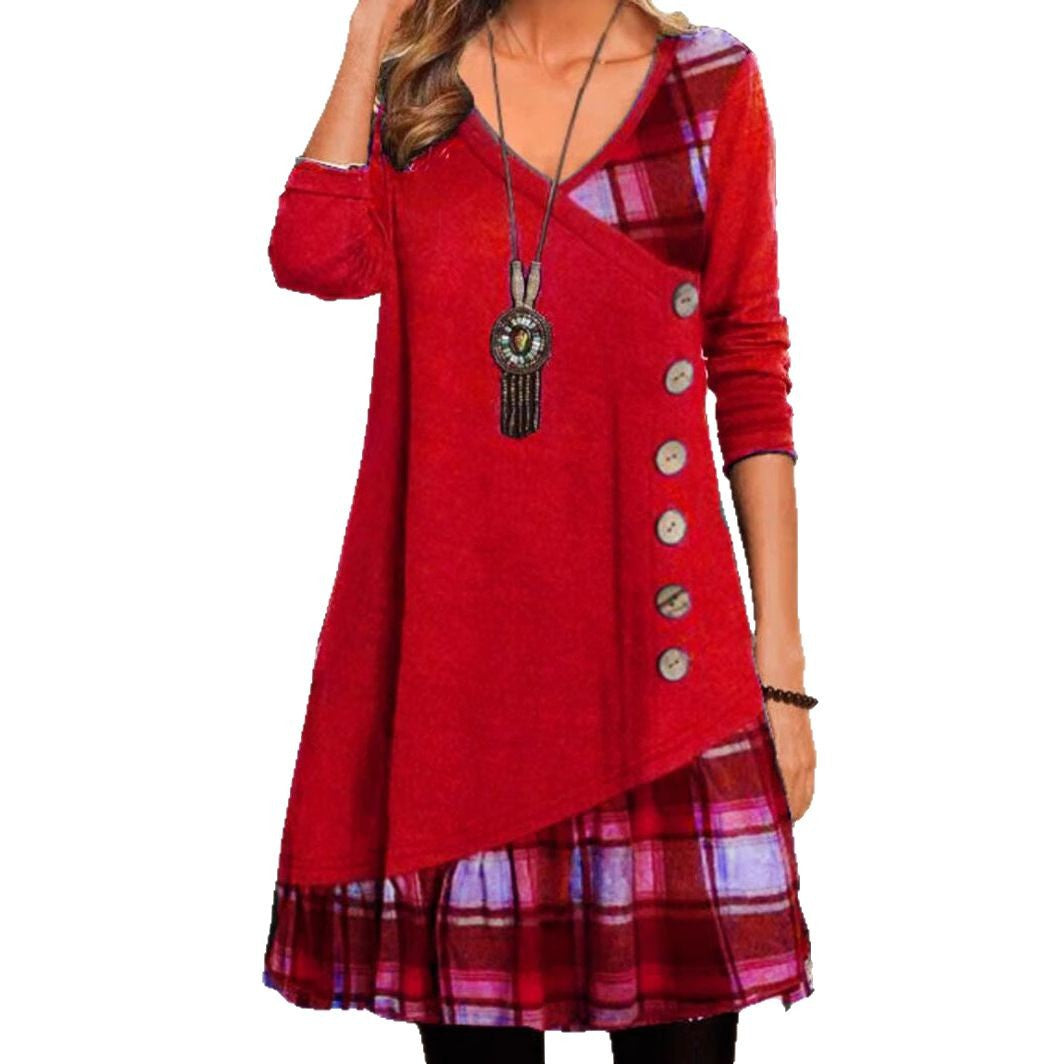 Damen nan asymmetrisches V-Ausschnitt-Tunika-Kleid mit Zierknopfleiste und Animalprint-Besatz Echo Archiv