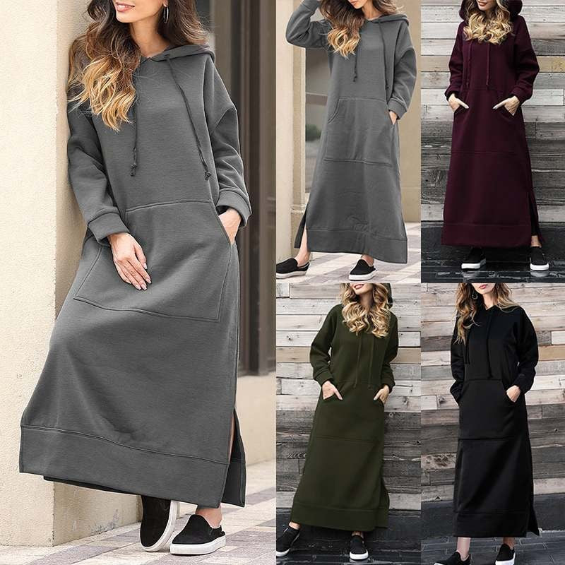 Damen nan langes Kapuzen-Sweatkleid mit Kängurutasche, Seitenschlitzen und lockerer Oversize-Passform Echo Archiv