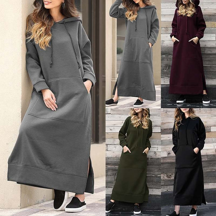 Damen nan langes Kapuzen-Sweatkleid mit Kängurutasche, Seitenschlitzen und lockerer Oversize-Passform Echo Archiv