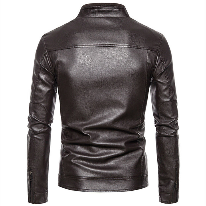 Herren Figurbetonte Kunstleder-Bikerjacke mit Stehkragen und Reißverschlusstaschen Echoarchiv