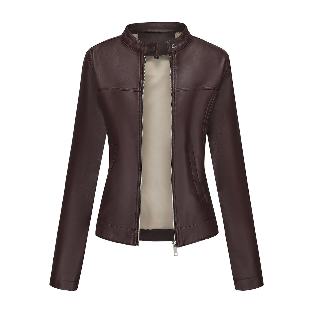 Damen nan taillierte Kunstlederjacke mit Stehkragen, verdecktem Reißverschluss und cleanem Minimaldesign Echo Archiv