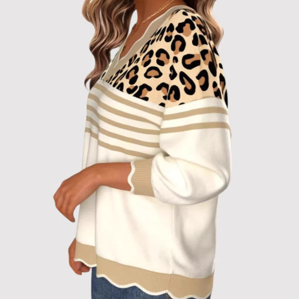 Damen Modischer V-Pullover mit Leo-Print – Mavelle