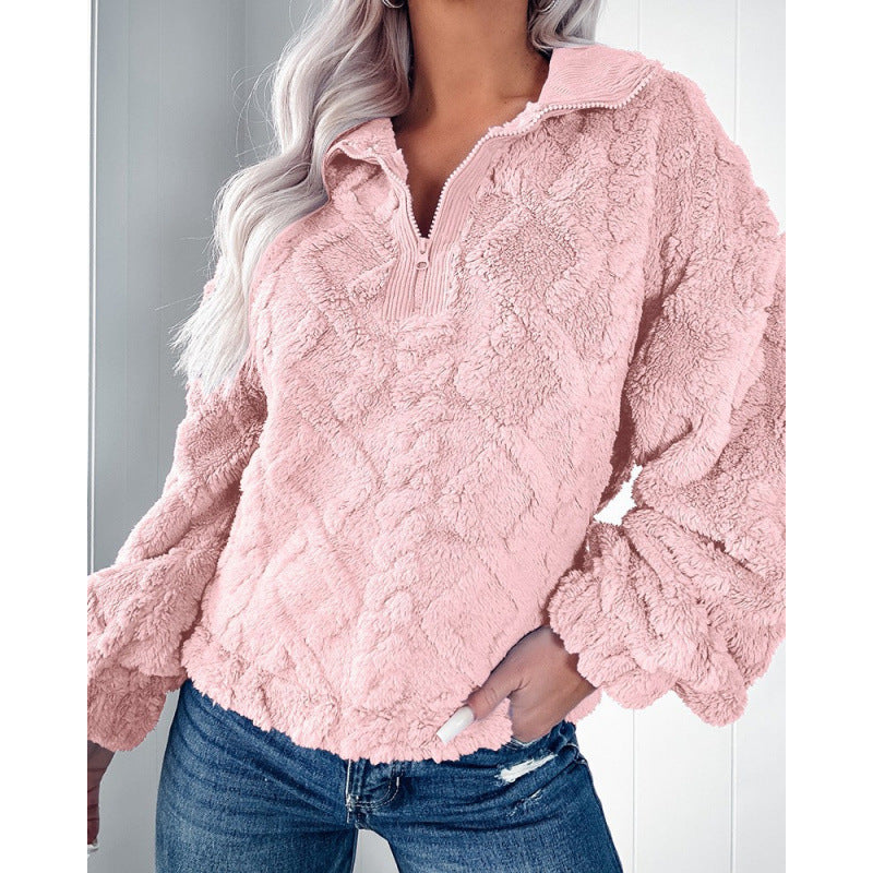 Damen Plüschpullover im Teddy-Look mit halbem Reißverschluss und strukturierter Rautenoptik Echo Archiv