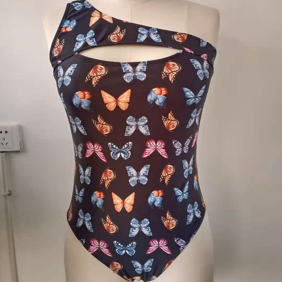 Damen Einteiler Badeanzug mit kreativem Cut-Out und buntem Schmetterlingsmuster Echo Archiv