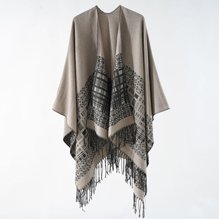 Damen Wollmix-Schulterponcho mit Jacquardmuster und Fransensaum Echo Archiv