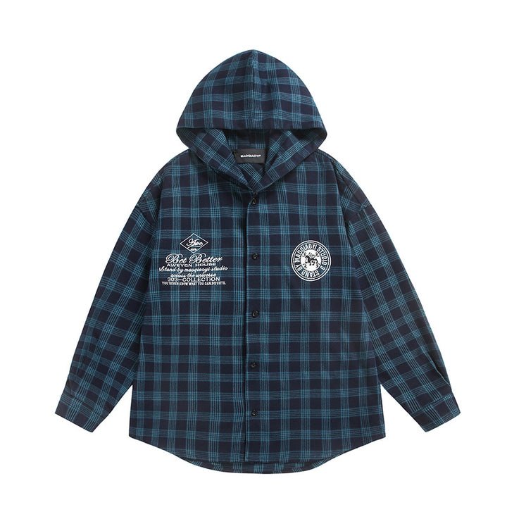 Unisex Kariertes Kapuzen-Overshirt aus Flanell mit Logostickerei und Oversize-Schnitt Echoarchiv