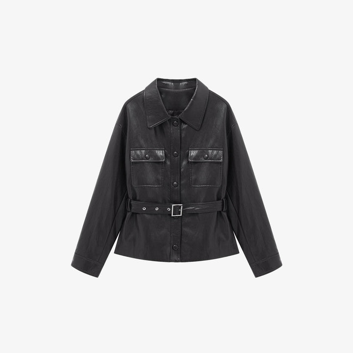 Damen Lederjacke im Oversize-Utility-Stil mit Taillengürtel Echoarchiv