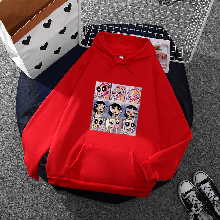 Damen lässiger Kapuzenpullover mit quadratischem Cartoon-Collageprint weiches Fleece Innenfutter und aufgesetzter Kängurutasche – Auréline