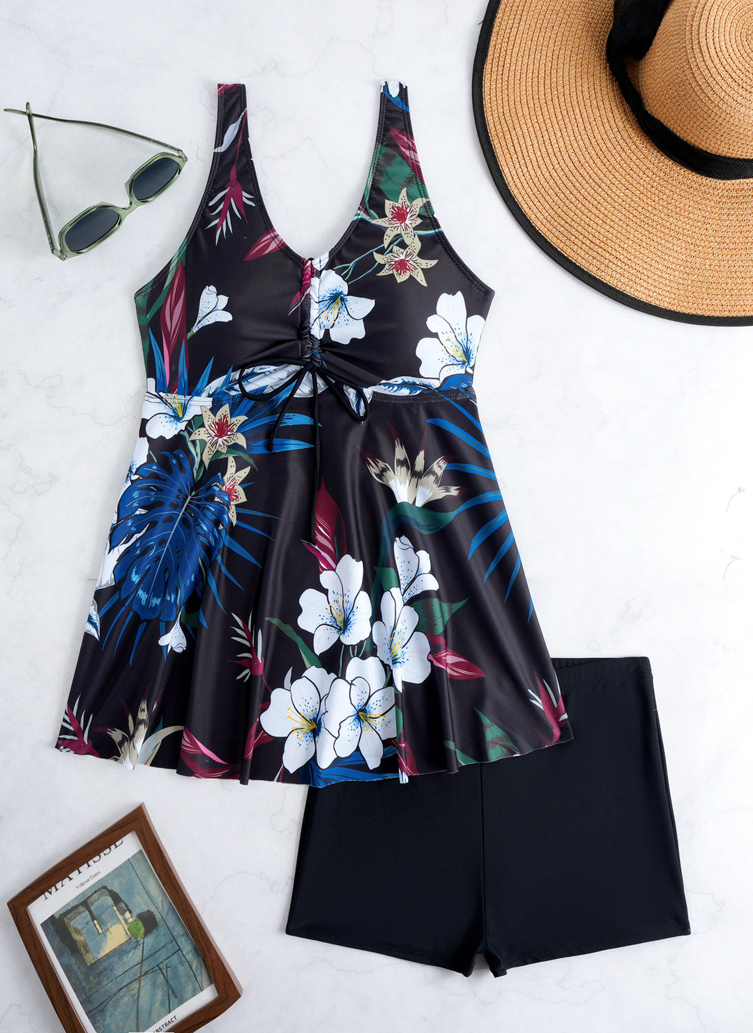 Damen Tankini-Set mit modischem Volant und grafischem Pfauenmuster Echo Archiv