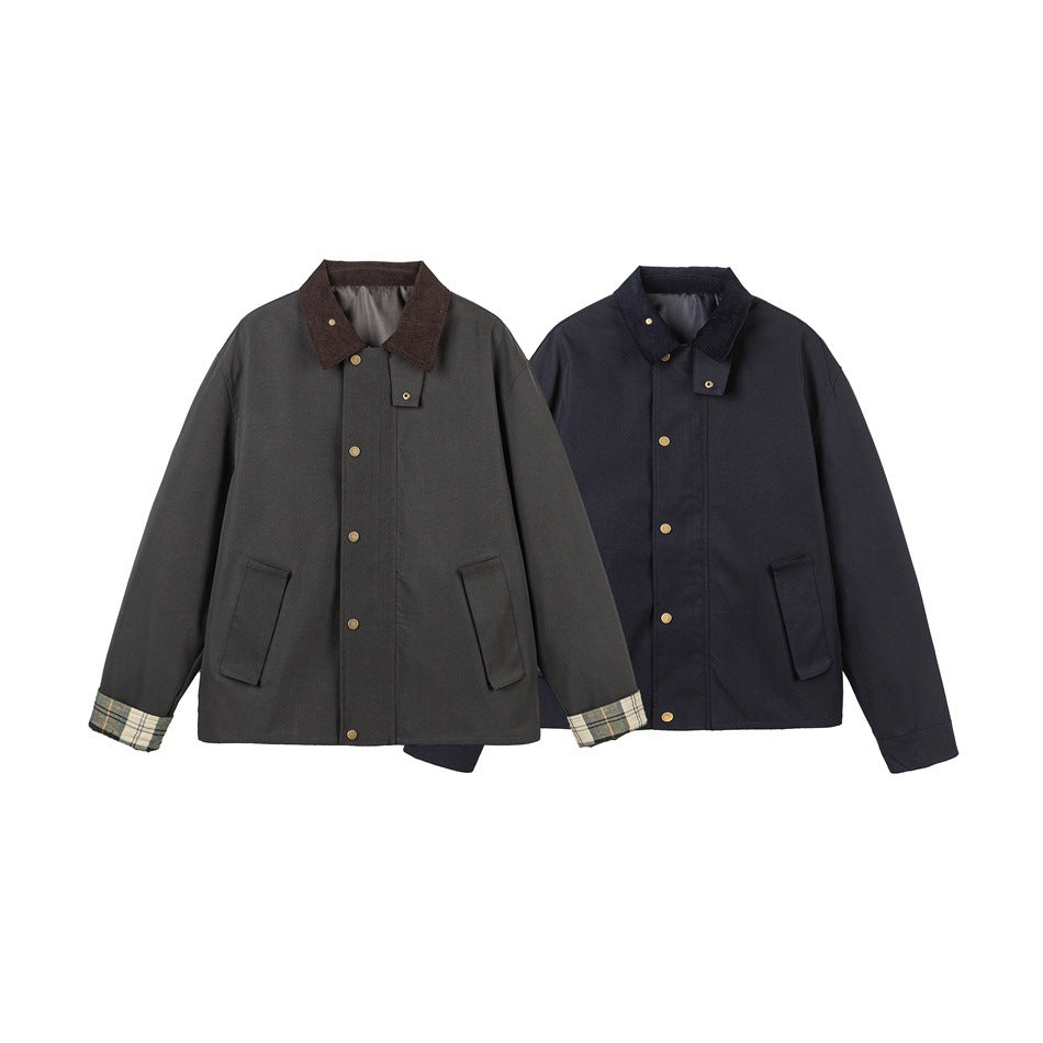 Herren Kurz geschnittene Canvas‑Fieldjacke mit Cordkragen und verdeckter Druckknopfleiste Echoarchiv