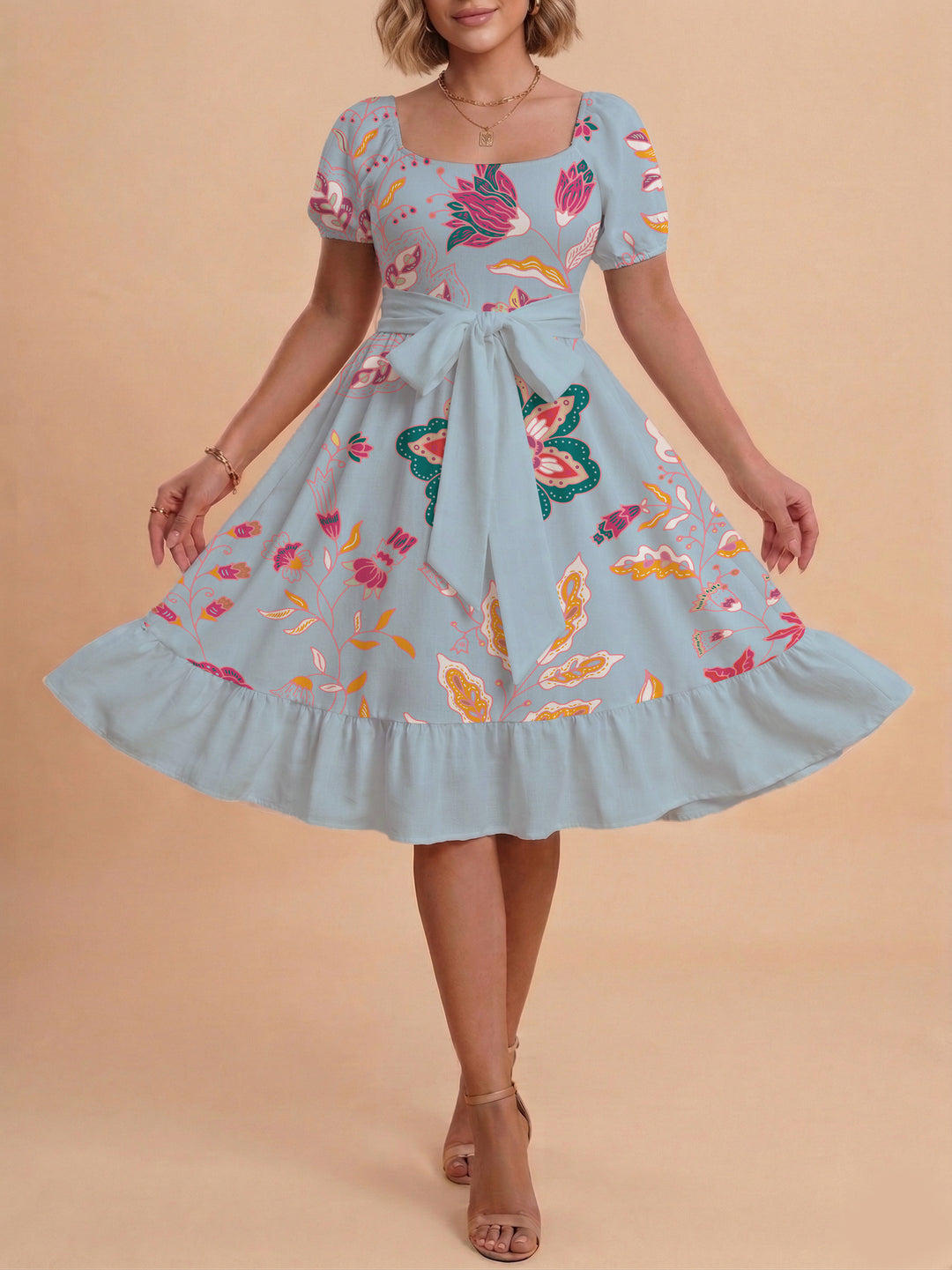 Damen modernes Blumenkleid mit elegantem Taillengürtel und asymmetrischem Saum Echo Archiv