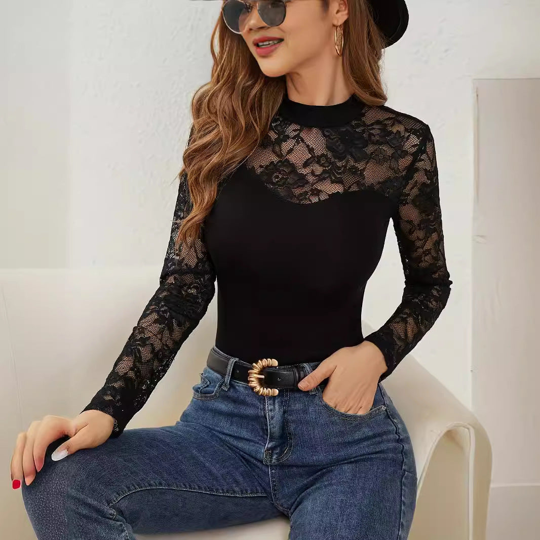Damen Elegantes Longsleeve-Oberteil mit romantischer Spitze Echoarchiv