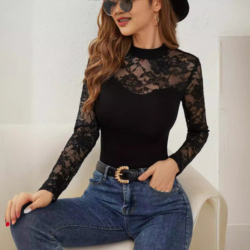 Damen Elegantes Longsleeve-Oberteil mit romantischer Spitze Echoarchiv