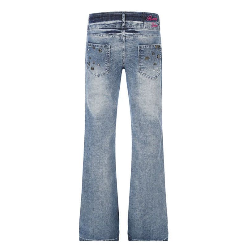 Damen High‑Waist Flared-Jeans mit weitem Bein, Doppelknopf und Nieten-Detail Echoarchiv