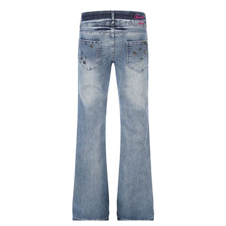 Damen High‑Waist Flared-Jeans mit weitem Bein, Doppelknopf und Nieten-Detail Echoarchiv