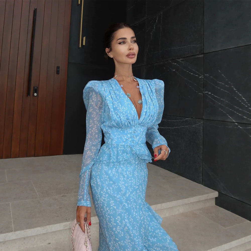 Damen Chiffon-Maxikleid mit V‑Ausschnitt, Puffärmeln und Beinschlitz Echoarchiv