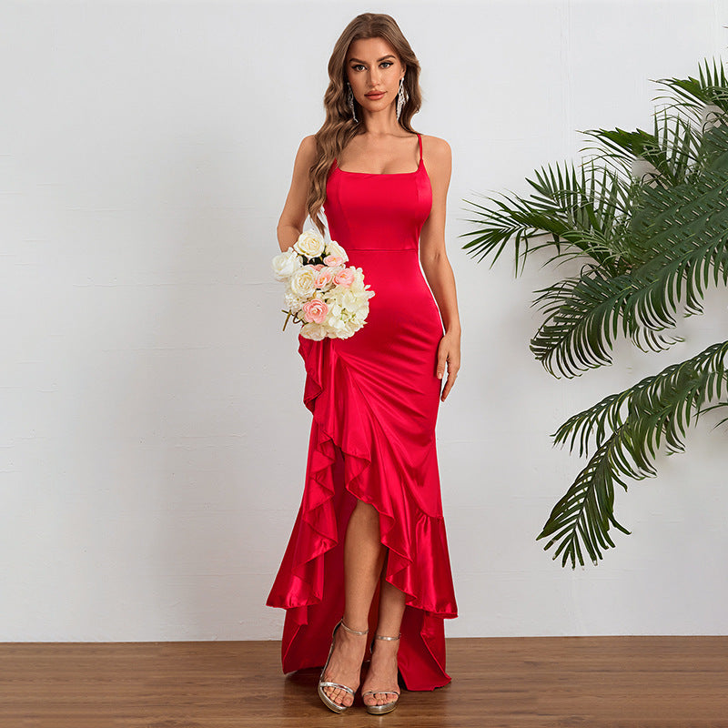 Damen elegantes Maxikleid mit seitlichem Schlitz und fließendem Rüschensaum Echo Archiv