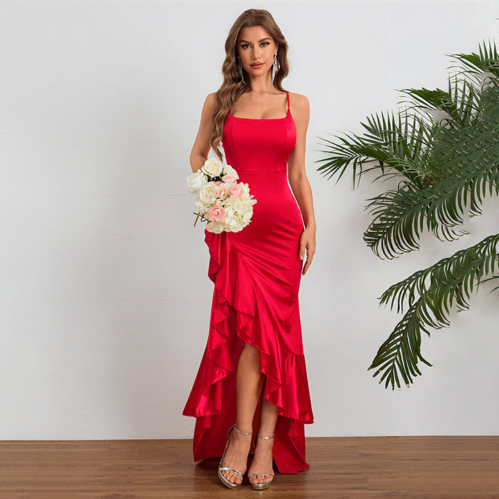 Damen elegantes Maxikleid mit seitlichem Schlitz und fließendem Rüschensaum Echo Archiv