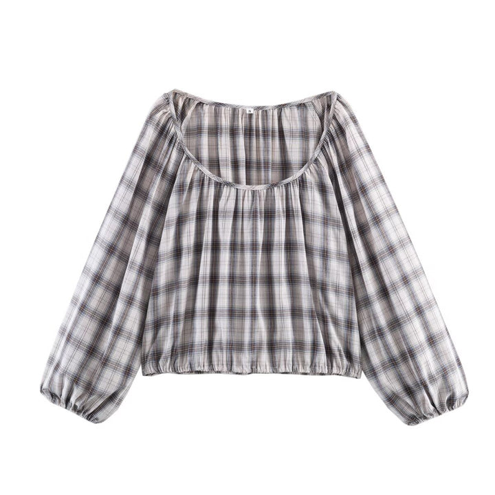 Damen Karierte Carmen‑Bluse mit weitem Ausschnitt, Ballonärmeln und elastischem Saum Echoarchiv