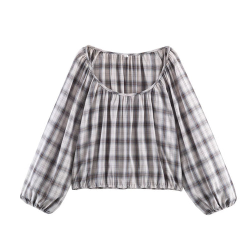 Damen Karierte Carmen‑Bluse mit weitem Ausschnitt, Ballonärmeln und elastischem Saum Echoarchiv