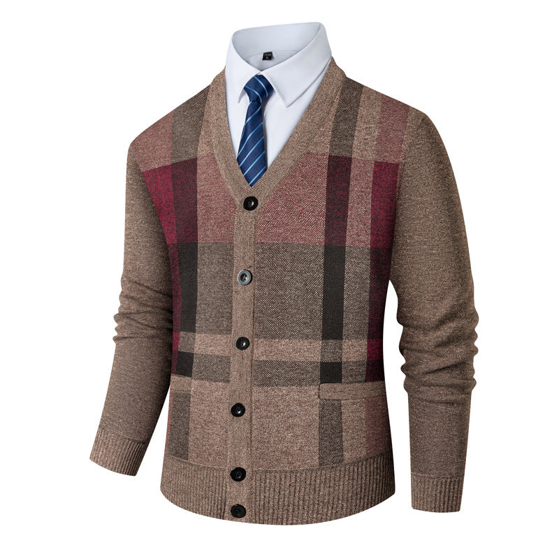 Herren Komfortabler V-Ausschnitt Strickjacke mit klassischem Karomuster Echoarchiv