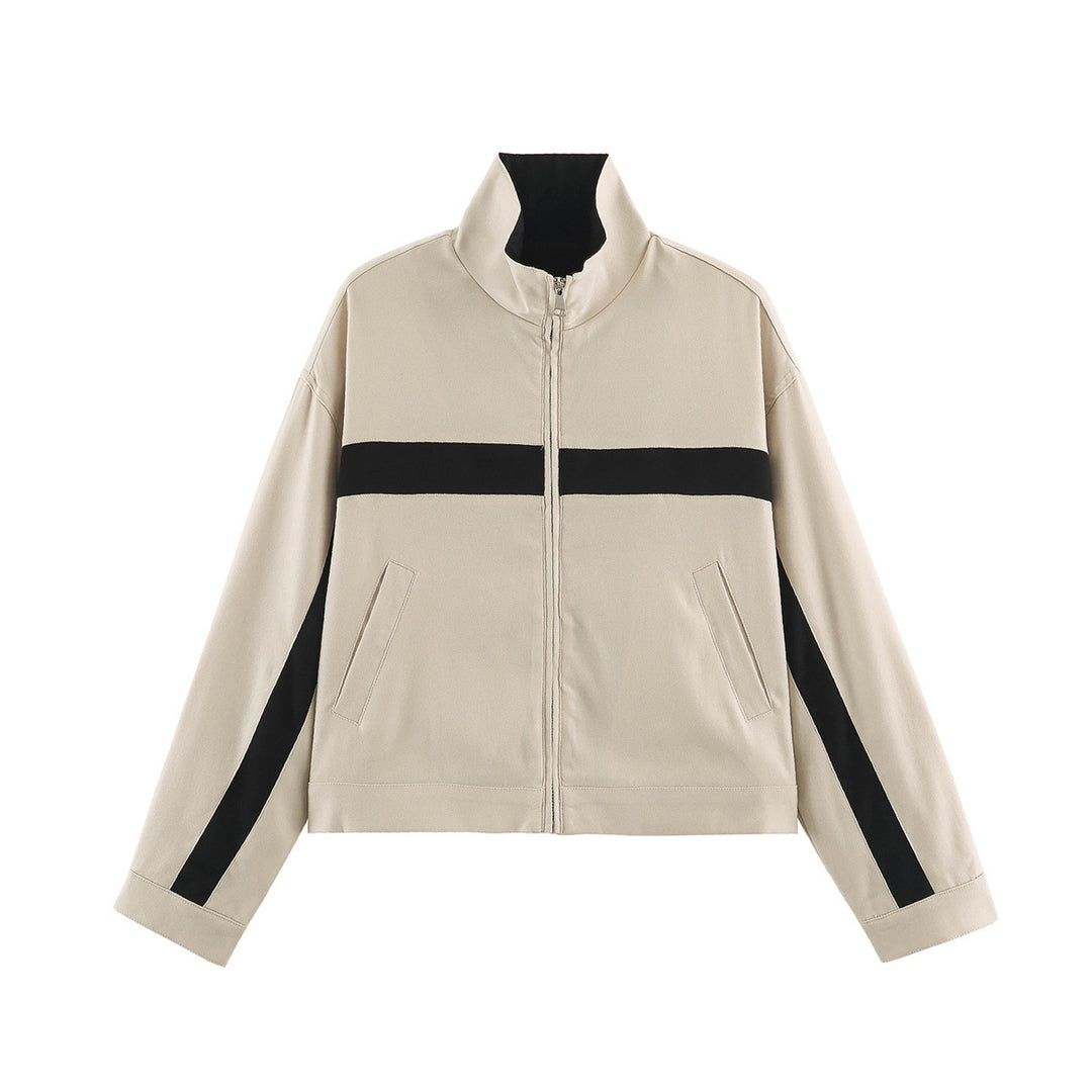 Damen Boxy-Cropped-Übergangsjacke mit Stehkragen, kontraststreifen und Eingrifftaschen Echoarchiv