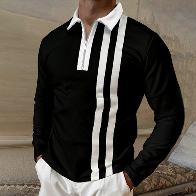 Herren Langarm Poloshirt mit modischem Reißverschluss und sportlichen Streifen Echoarchiv