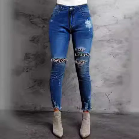 Damen Stretch-Skinny-Jeans mit High-Waist, Knie-Ripped-Details und Leo-Unterlage Echo Archiv