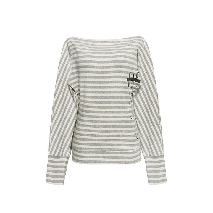 Damen Figurbetontes Streifen-Langarmshirt mit weitem Boot-Ausschnitt und verkürzten Fledermausärmeln Echoarchiv