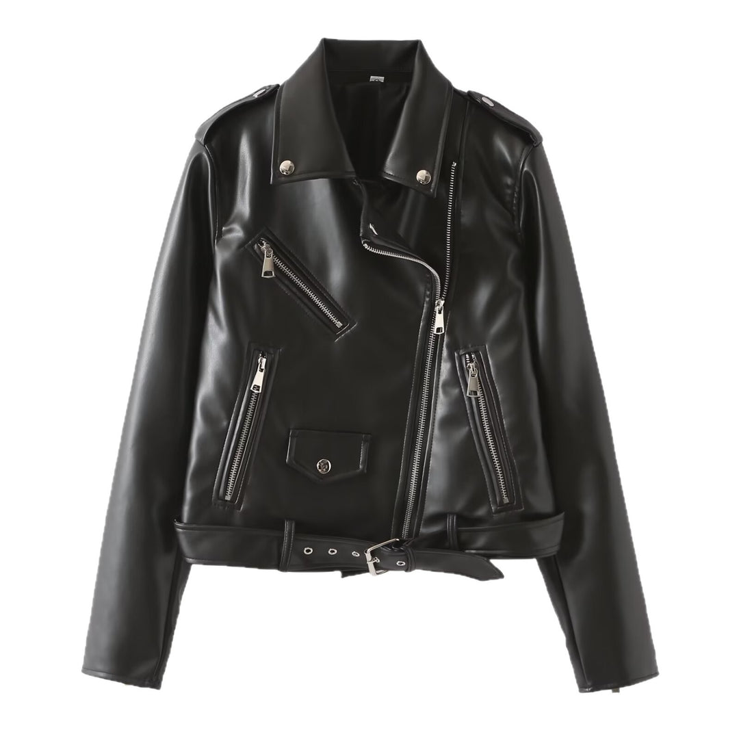 Damen Bikerjacke aus veganer Lederoptik mit Taillengürtel und asymmetrischem Reißverschluss Echoarchiv