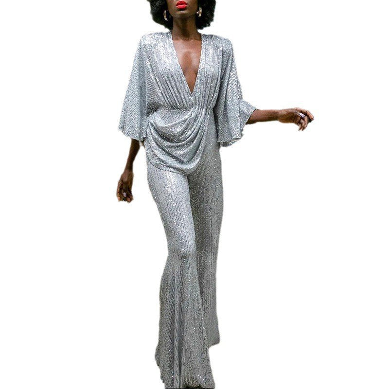 Damen Glamouröser Jumpsuit mit funkelnden Pailletten und weitem Bein Echoarchiv