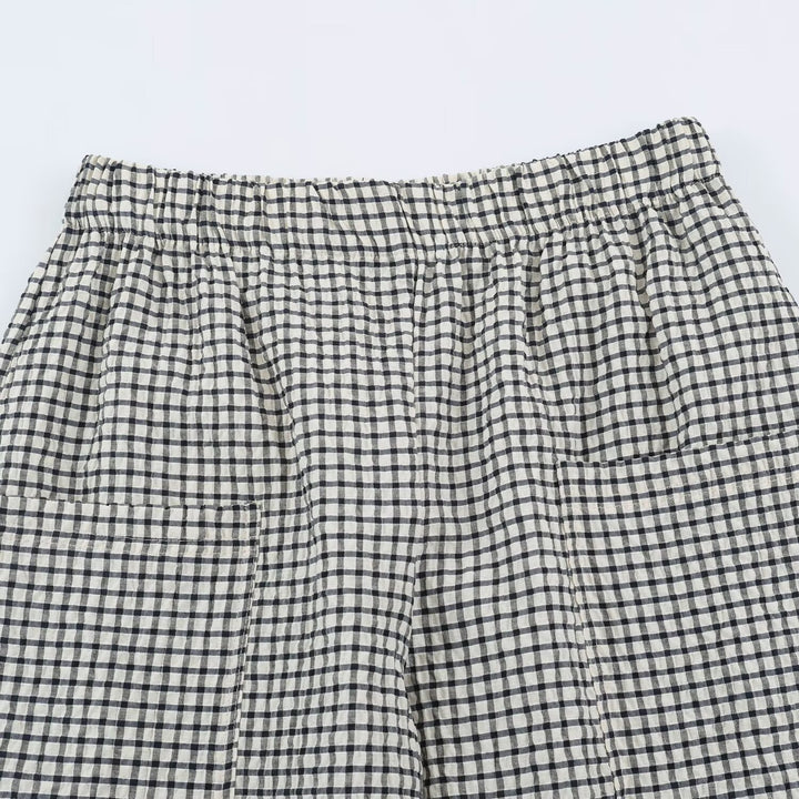 Damen Leichte karierte Seersucker-Hose mit Gummibund, aufgesetzten Taschen und schmal zulaufendem Bein Echo Archiv